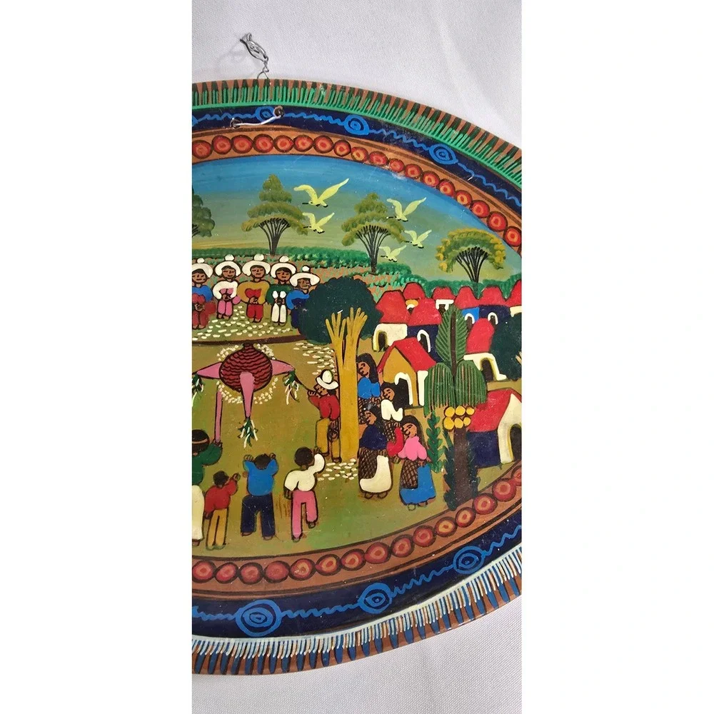 Vtg Mexican family storyteller fish‎ terracotta wall art hand painted plate